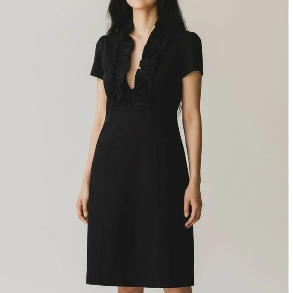J. Crew Madeline Ruffle Collar Wool Short Sleeve Dress Pockets Side Zip 2 Black